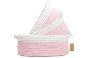 NaturalCozy 3-Piece Oval Storage Basket Set– Natural Rope Woven Baskets for Storage, Gift Basket Empty, Toy Basket, Soft Baby Basket for Nursery, Cat Dog Toy Baskets, Small Basket (Off White & Pink)