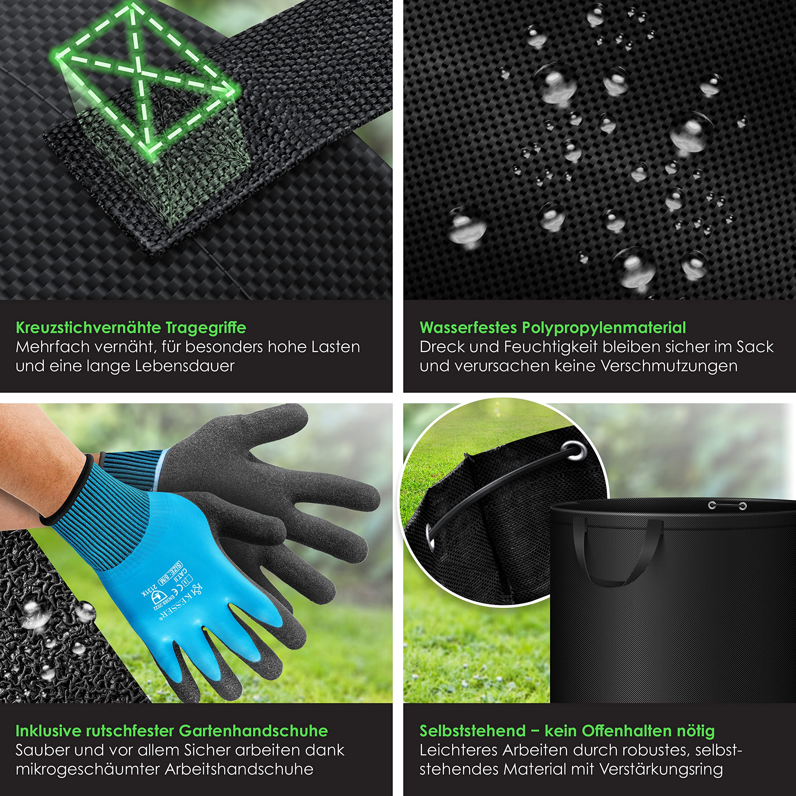KESSER® Gartensack 3x 272L Set Laubsack Gartenabfallsack inkl. Handschuhe - Selbststehend 4 Griffe Stabil Robust & Faltbar - Laubsäcke Rasenschnitt für Gartenabfälle Grünschnitt Schwarz 3