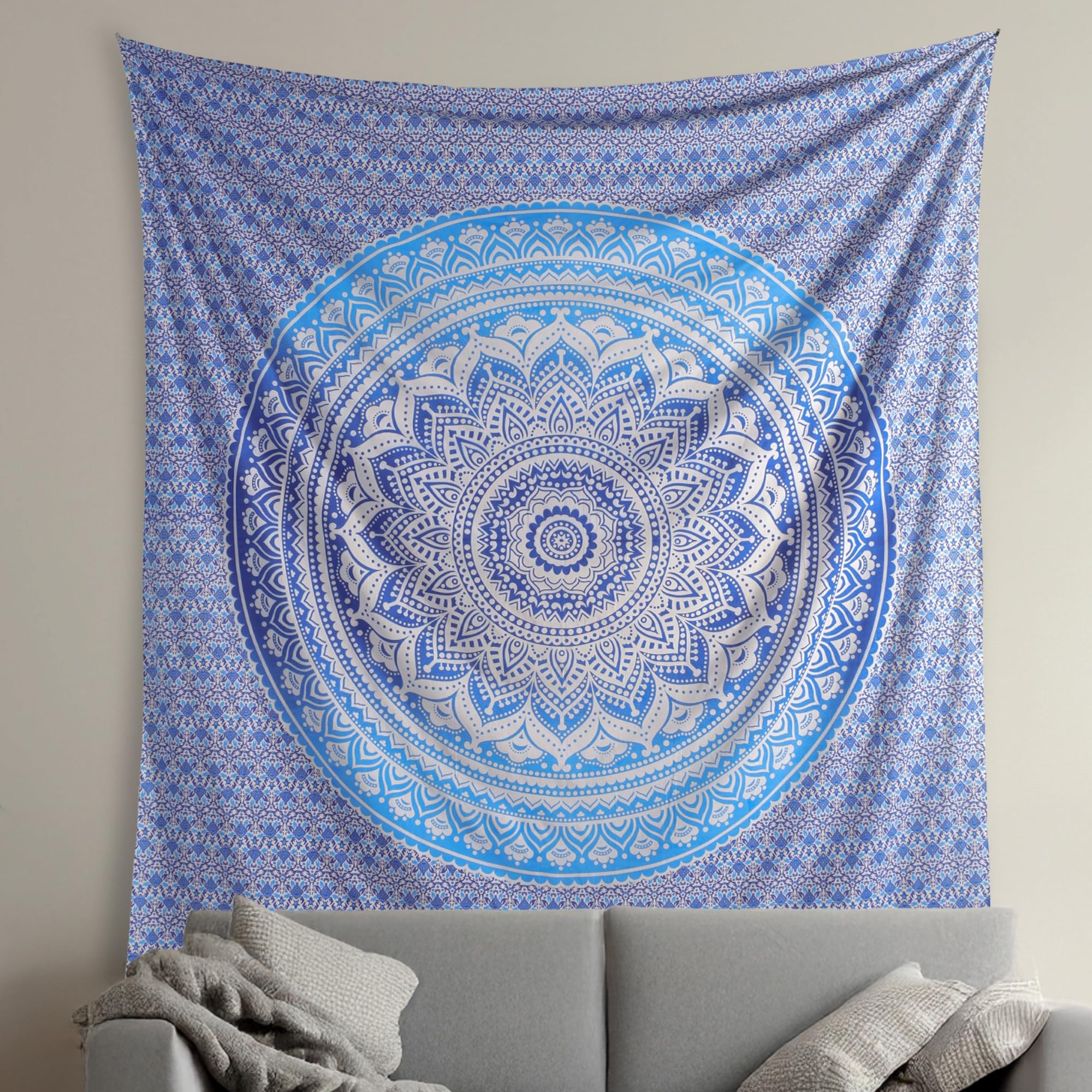 THE ART BOX Hippie Mandala Wall Hangings Ombre Tapestry Blue and White - Indian Cotton Beach Throw Blanket, Bohemian Decor Tapestrys - Bedroom Aesthetic Tapestries - 54x60 inch