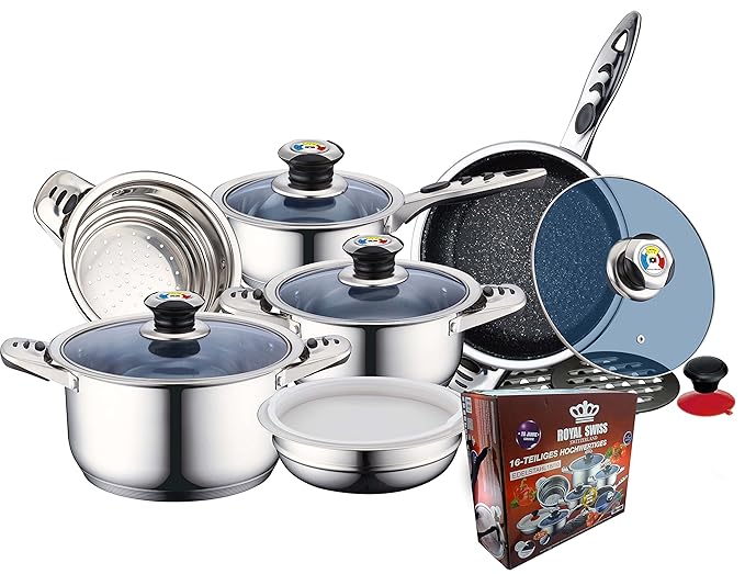 ROYAL SWISS 16 Teliiges Set Saucepans Cooking Pot Set Induction Saucepan with Glass Lid ROYAL SWISS 16 Teliiges Set Saucepans Cooking Pot Set Induction Saucepan with Glass Lid