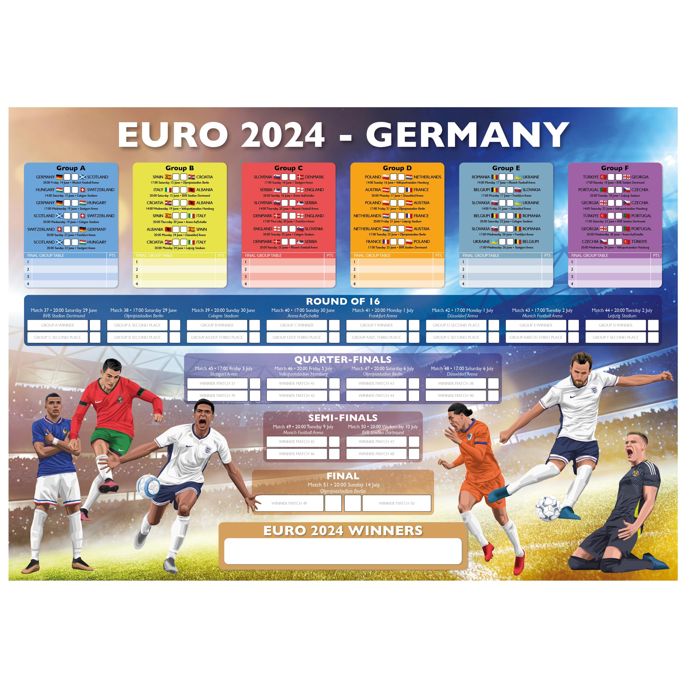Absolutely Yours EURO 24 Wall Charts 2024 Germany. A2 Twin Pack. Includes details for every game with spaces to right results and team progress through rounds to the final.