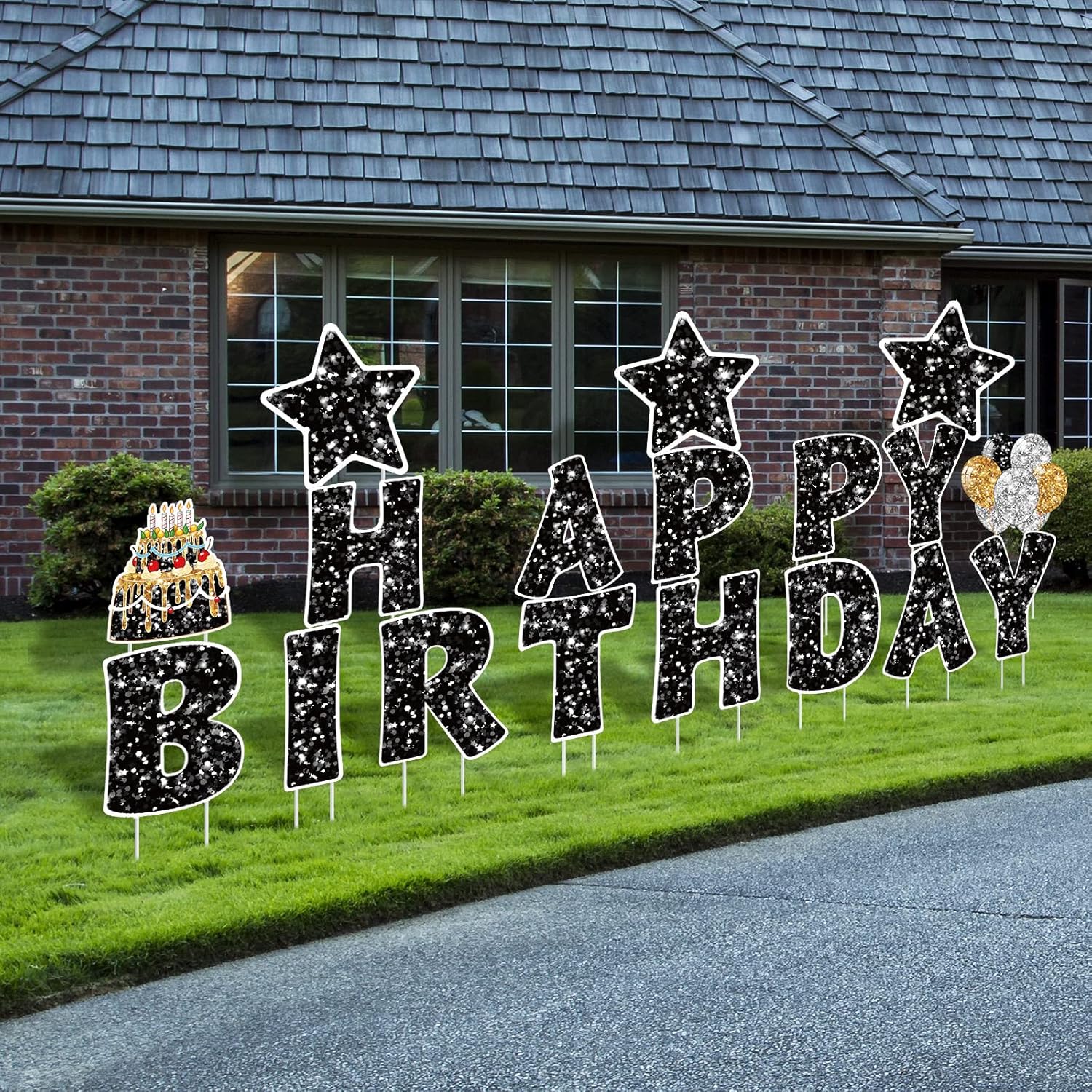 Yard Signs - 18 Pieces Happy Birthday Yard Signs with Stakes, Birthday Outdoor Lawn Signs, Birthday Cake Balloon Lawn Decorations, Glitter Birthday Party Lawn Decorations for Birthday Party (Black)