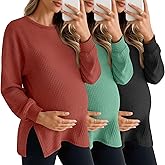 Sweetyweee 3 Pack Women's Maternity Shirts Long Sleeve Waffle Knit Side Split Oversized Tops Pregnancy Clothes Fall Tees(Brick Red, Pine Green, Black,X-Large)