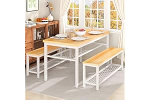 Lamerge Dining Room Table Set, Kitchen Table Set with 2 Benches, Ideal for Home, Kitchen and Dining Room, Breakfast Table of 47.2x28.7x28.7 inches, Benches of 40.5x11.0x17.5 inches, Beige