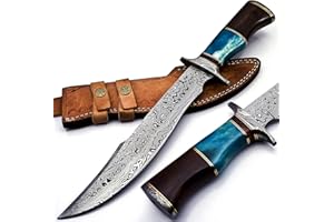 Nooraki BK-41 Handmade Damascus Steel 15 Inches Bowie Knife - Solid Marindi Wood Bone & Bull Horn Handle With Hand Stitches L
