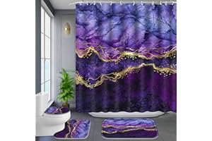 Poedist 4 Pcs Gold Edge Marble Bathroom Shower Curtain Set, Bathroom Sets with Shower Curtain and Rugs(Bath Mat,U Shape and Toilet Lid Cover Mat) and 12 Hooks-Purple