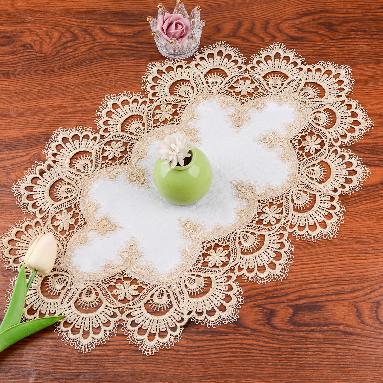 URROMA Polyester Ellipses Table Cover with Lace Trim, Light Yellow Lace Dustproof Home Festival Table Cloth for Dining Room Kitchen, 30 * 45cm