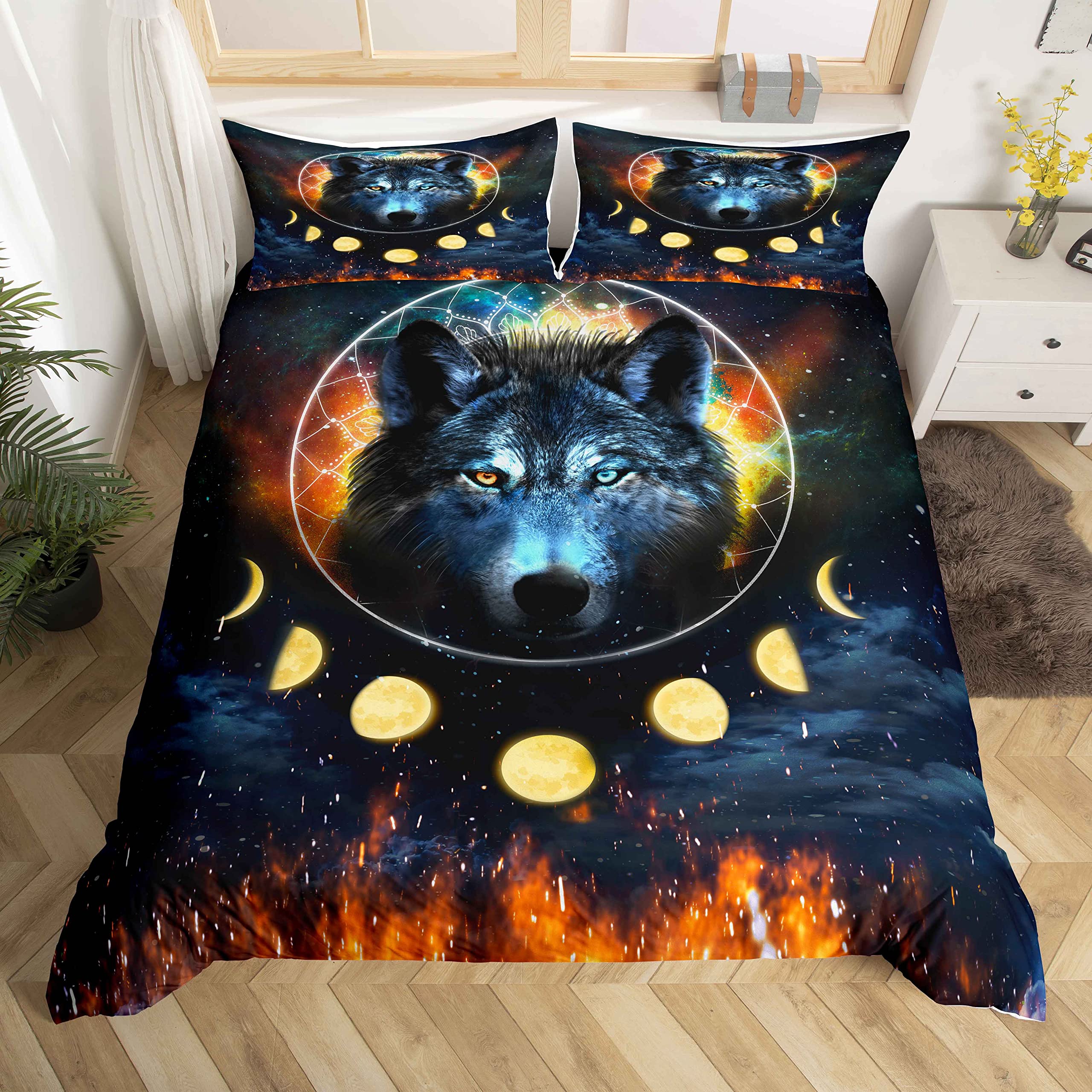 Loussiesd 3D Print Animal Duvet Cover Set King Size Wolf Bedding Set Decorative Microfiber Polyester Comforter Cover Galaxy Dream Catcher Print Quilt Cover with 2 Pillow Shams, 3 Pcs, Blue — image 1