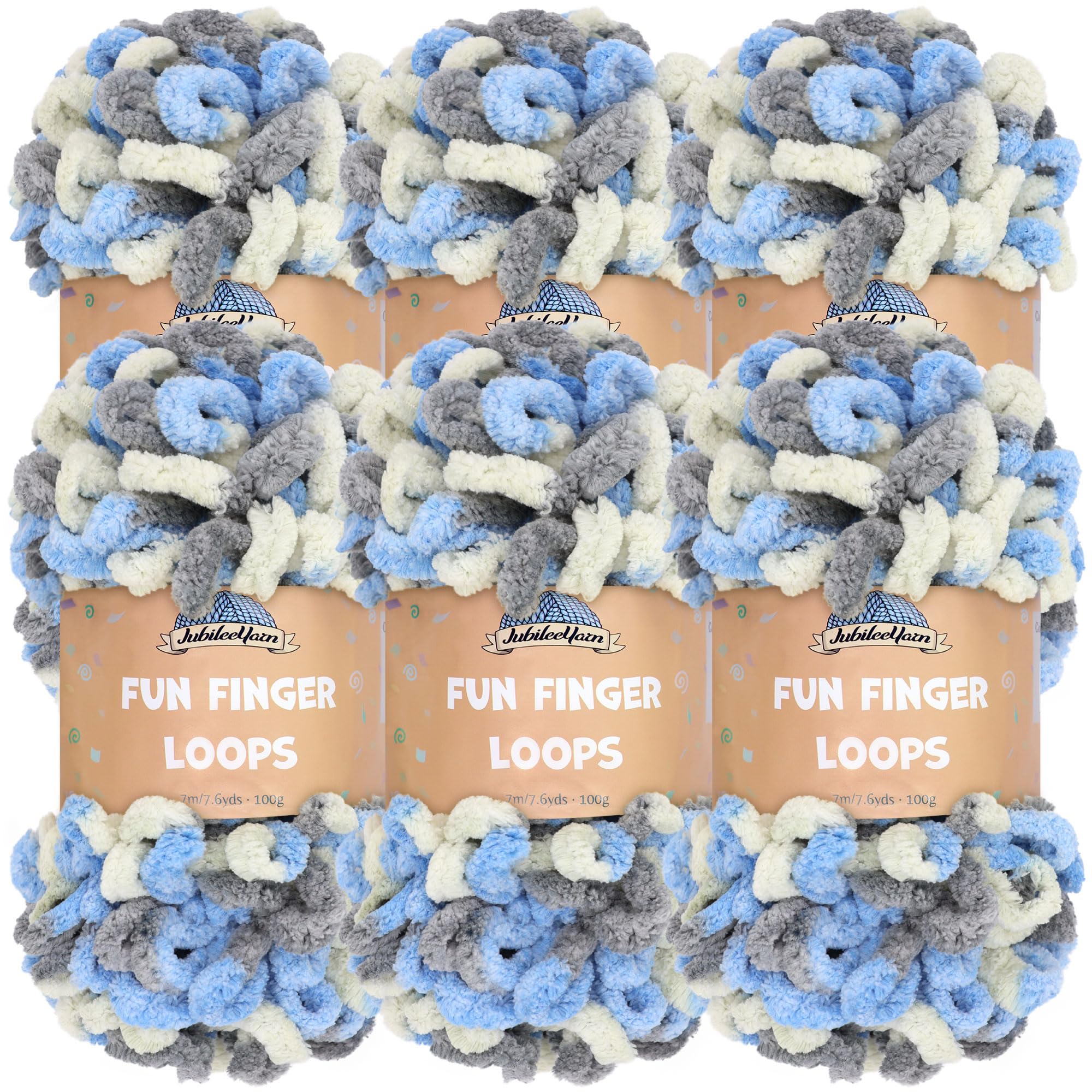 JubileeYarn Fun Finger Loops Yarn - Polyester Jumbo Weight Loop Yarn - 100g/Skein - Multicolour Grey Light Blue - 6 Skeins — image 1