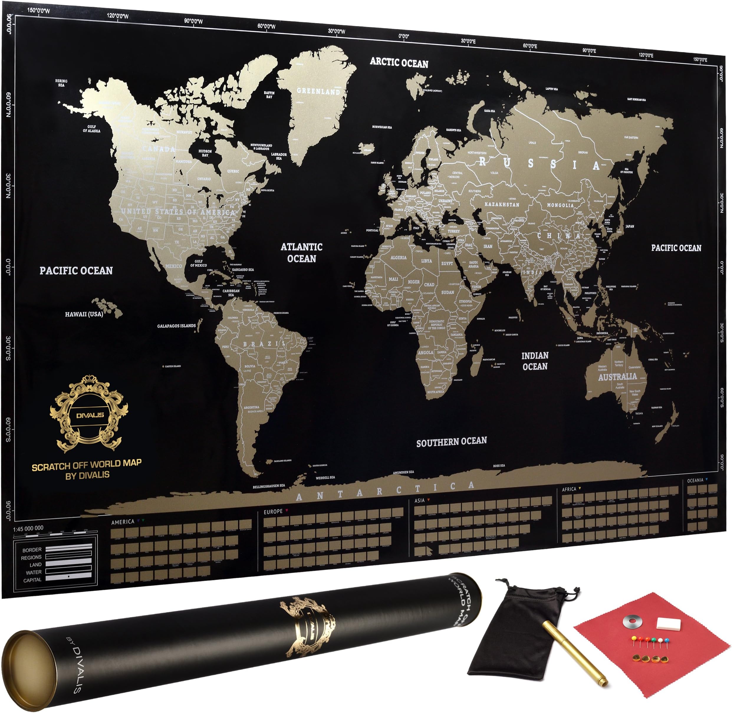 Scratch Off World Map Poster with Country Flags and US States - Black and Gold - Large, Detailed, Laminated Scratchable World Map - with Scratcher, Pins, Thumb Tacks - Best Travel Gift for Everyone