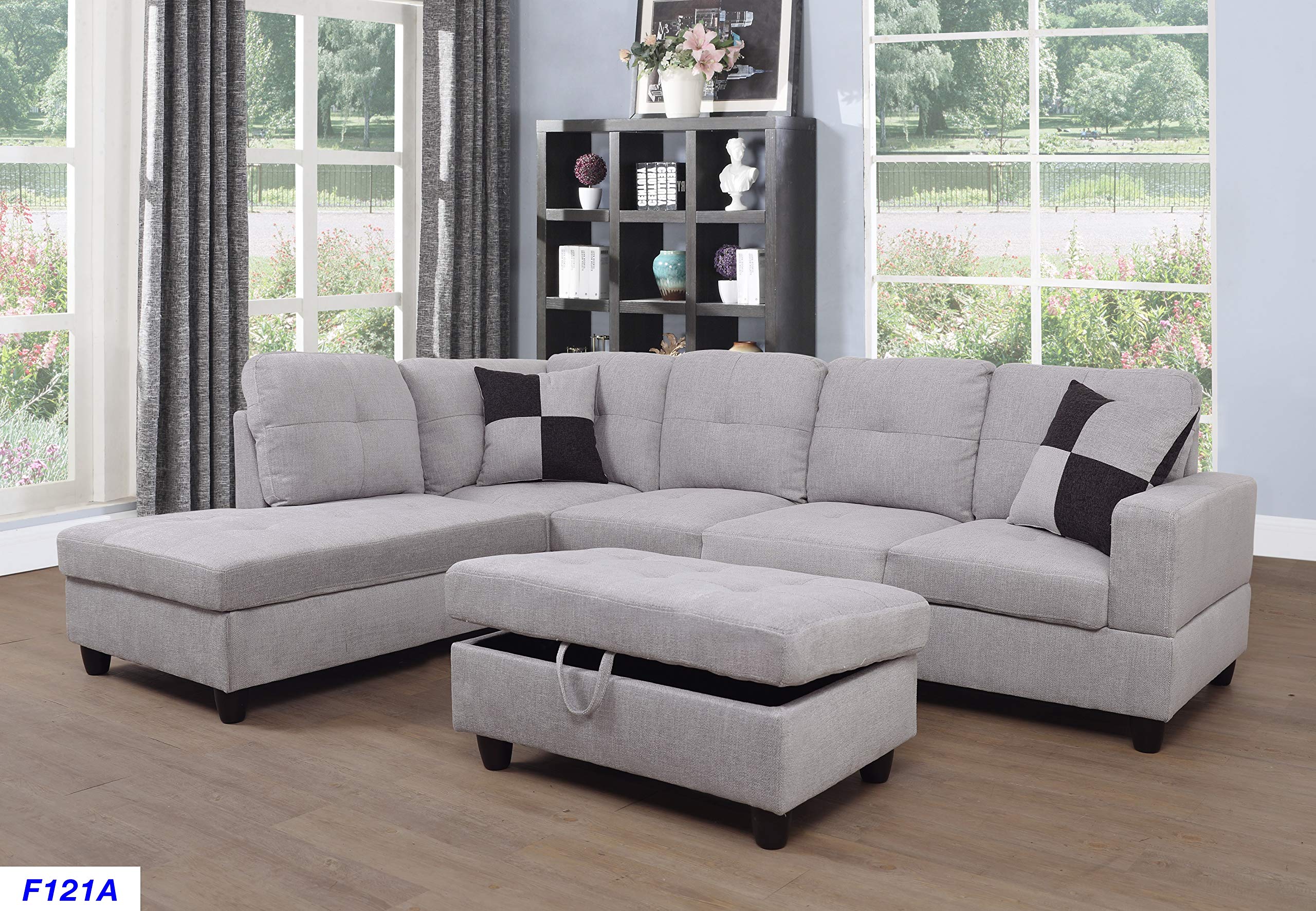 Lifestyle Furniture Left Facing 3PC Sectional Sofa Set,Flannelette,Grey White(LS121A)- INCOMPLETE 