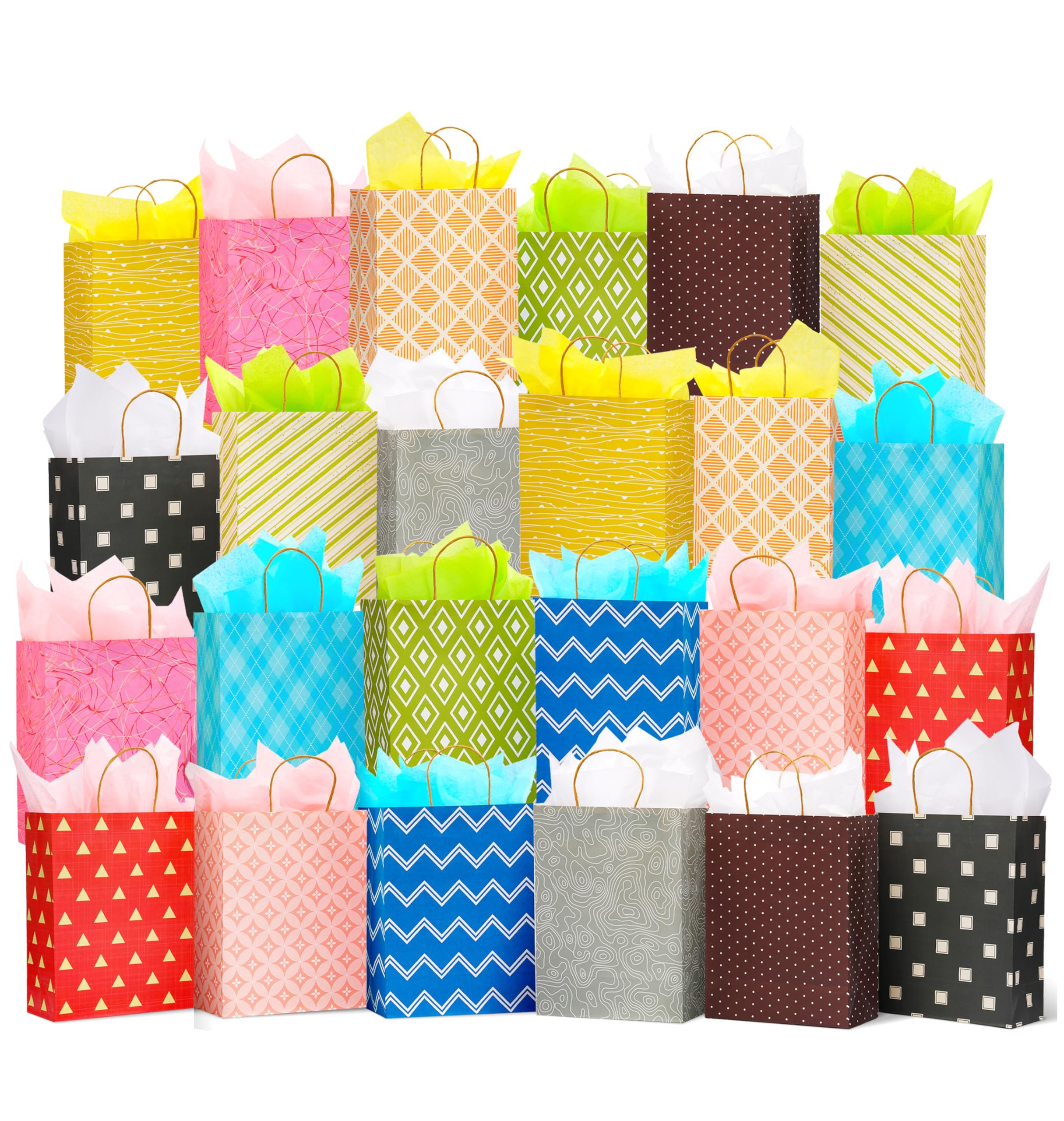 Photo 1 of 24 Pack 13" Large Kraft Paper Gift Bags Assortment with Tissue Paper & Handles, 12 Unique Solid & Geometric Pattern Designs for Birthdays, Anniversary, Father's Day, Holidays and Other Occasions