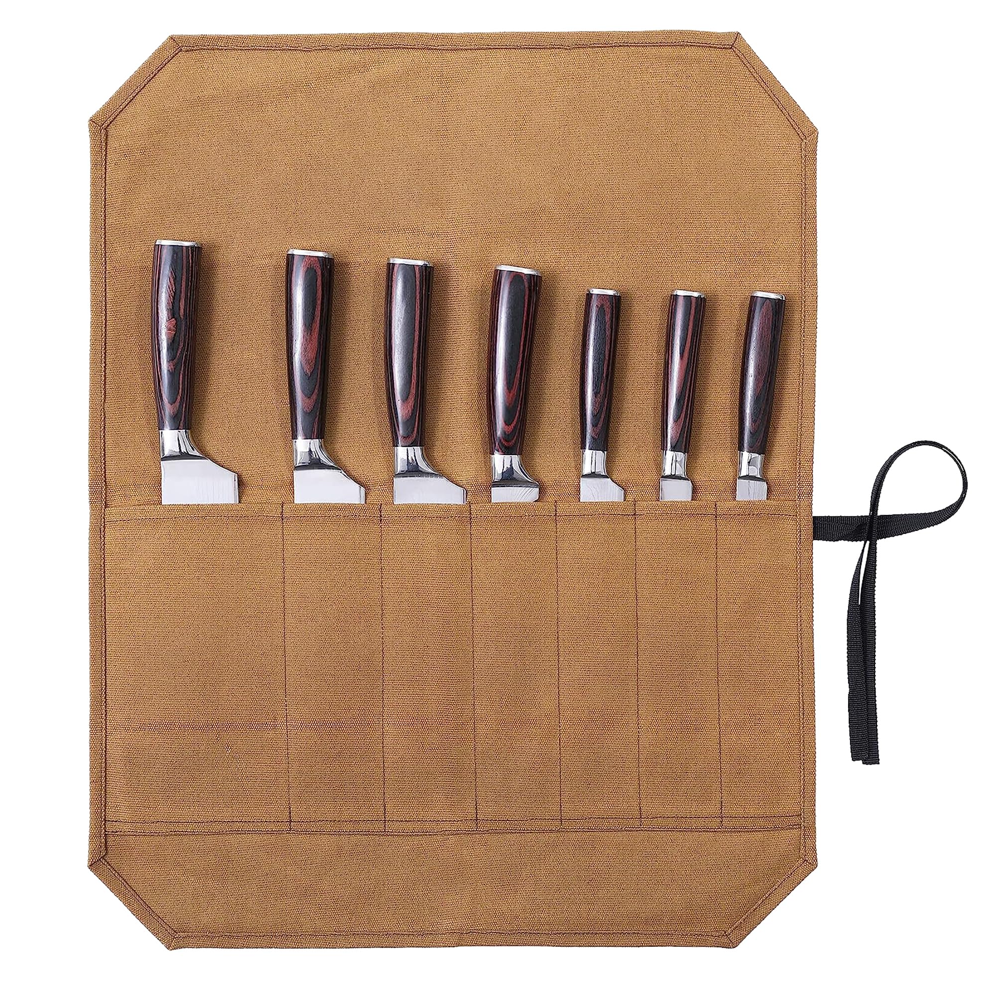 Kaaltisy Professional Chef's Knife Roll - 16oz Waxed Canvas Knife Bag with 7 Slots, Multi-Purpose Knife Storage Roll for Christmas New Year School Starting Gifts, Khaki