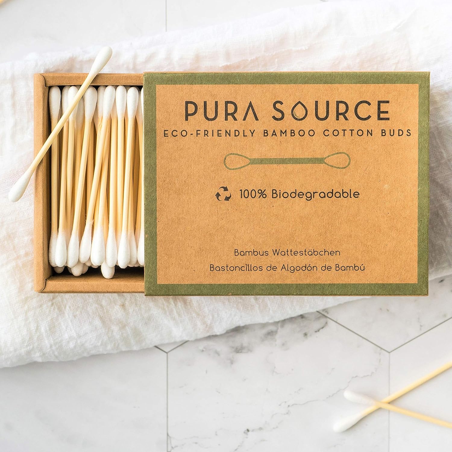 Bamboo Cotton Wool Buds by Pura Source, with Biodegradable Packaging