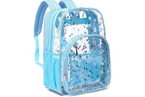 BLUEFAIRY Clear Backpack for Women Heavy Duty PVC Transparent Plastic Backpack Large Clear Book Bag for College Work Ruinforced Shoulder Straps Blue Flowers 17"