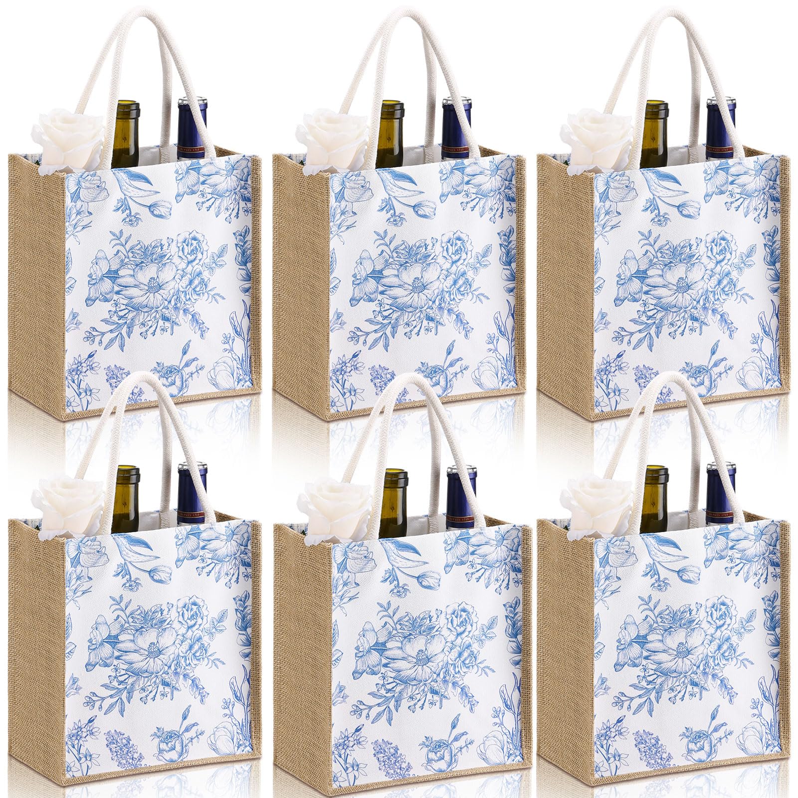 Photo 1 of Paterr 6 Pcs Bridesmaid Bags Blue White Vintage Floral Burlap Tote Bridal Party Gift Bags Reusable Jute Tote with Handles Medium for Wedding Day Engagement DIY Shopping Bridal Shower