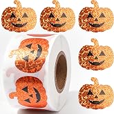 500Pcs Halloween Pumpkin Stickers,1.2 inches Holographic Smiling Pumpkin Shape Waterproof Decals Orange Sparkly Self-Adhesive Pumpkin Face Stickers Roll Halloween Party Envelope Scrapbook Decorations