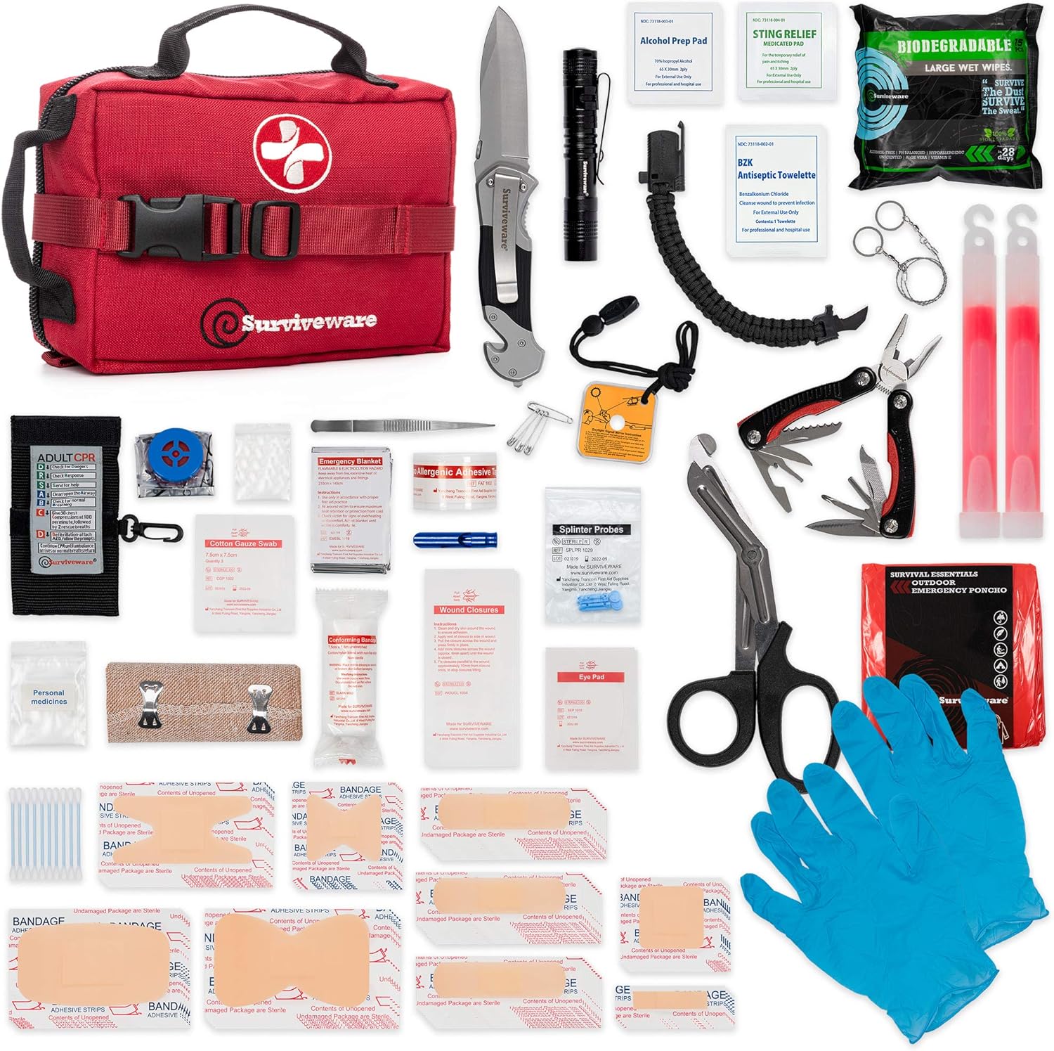 Surviveware Survival First Aid Kit (Red): Health & Personal Care