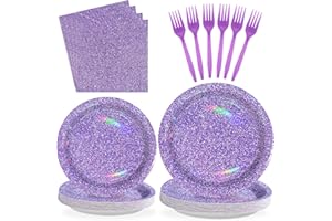 Grencian 96Pcs Purple Party Supplies Holographic Rainbow Purple Plates and Napkins Sets Iridescent purple Birthday Decorations for Girls Women Sprinkle Wedding Anniversary Party Favors Serves24