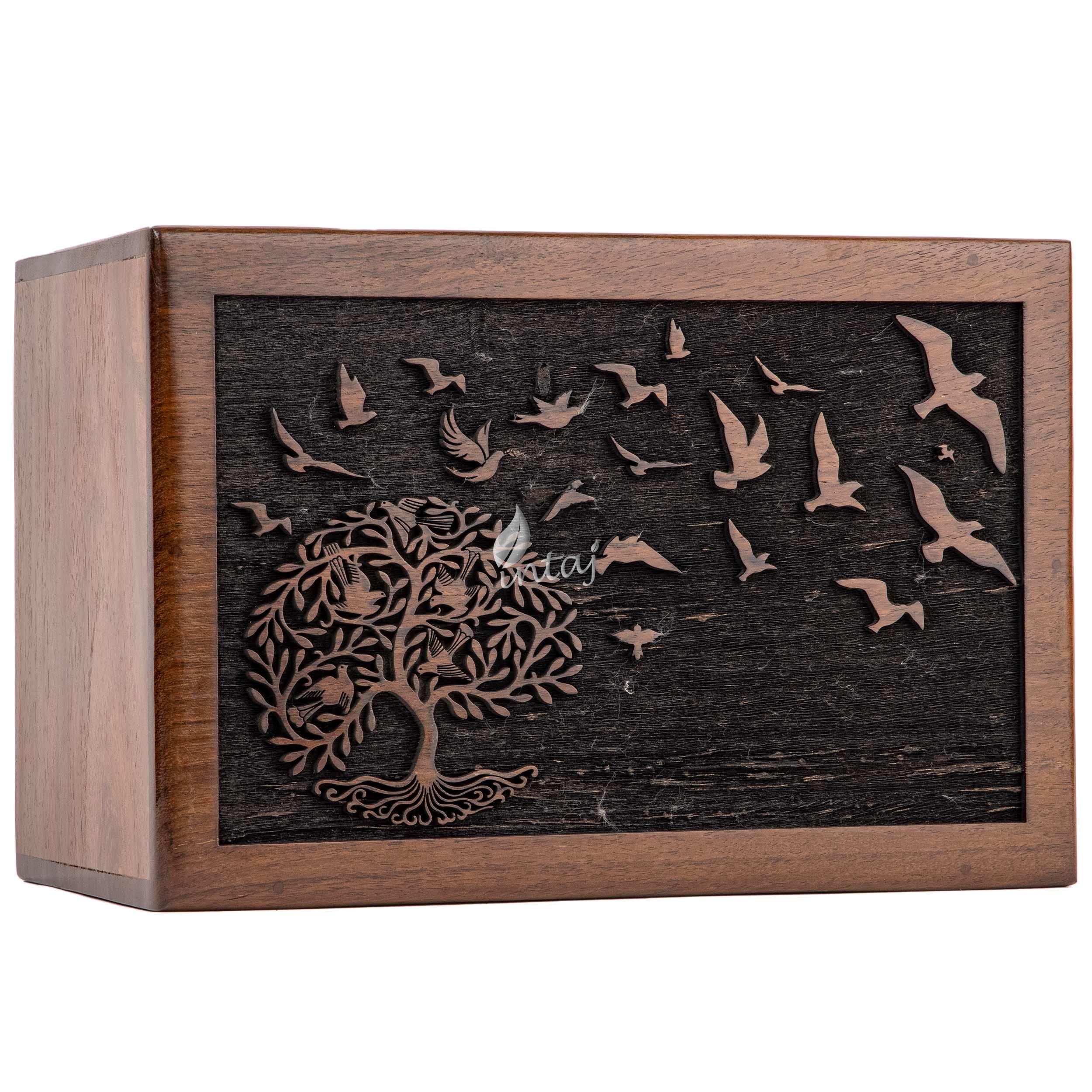 INTAJ Cremation Urn for Human Ashes Adult Male Female - Tree of Life Wooden Box Urn for Ashes - Handmade Decorative Funeral Urn (Tree Birds, M (7.5x5) 110 CuIn) Image
