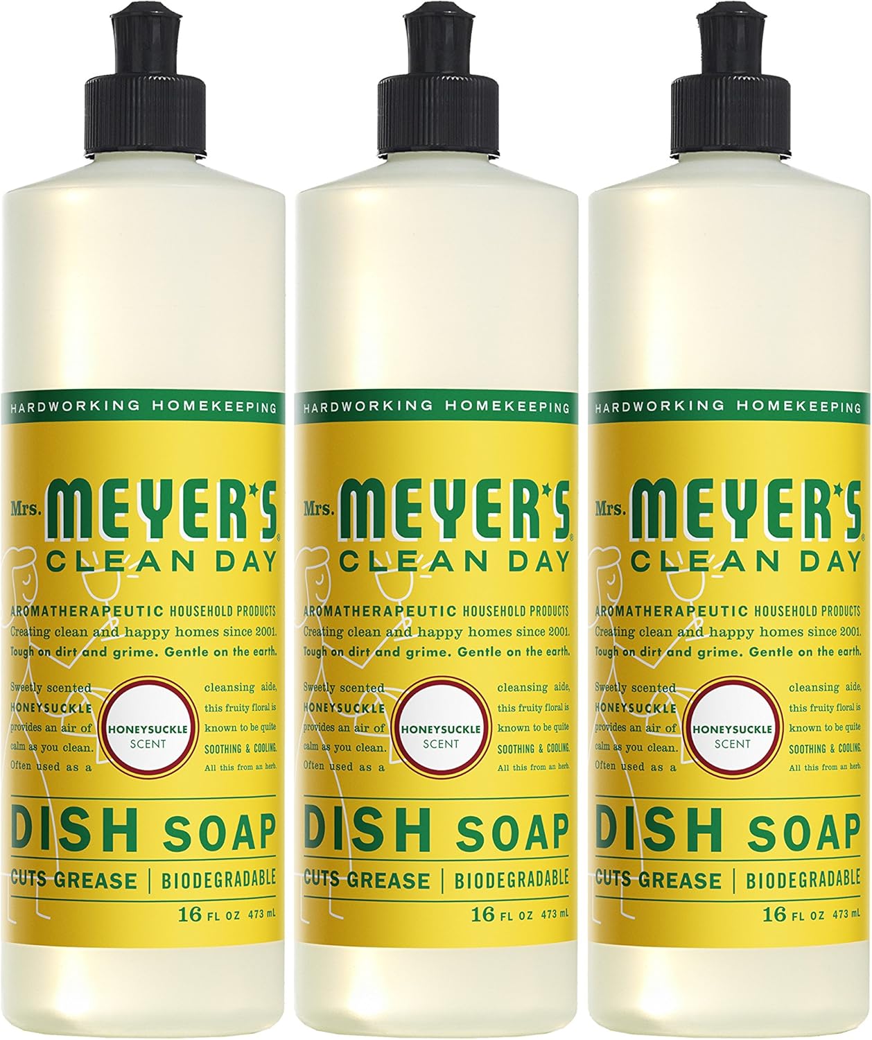 Mrs. Meyer's Clean Day Dishwashing Liquid Dish Soap, Cruelty Free Formula, Honeysuckle Scent, 16 oz - Pack of 3: Health & Personal Care