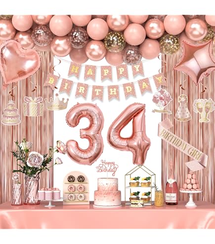 Fancypartyshop 34th Birthday Decorations Kit - Rose Gold Banner, Sash, Number Balloons & Confetti - For Women's Party