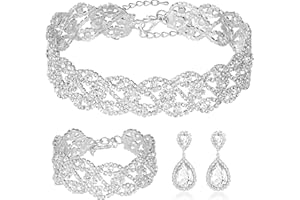 MIRACULOUS GARDEN 3/4 Pieces Women Jewelry Set Rhinestone Crystal Bride Statement Choker Necklace Tiara Crown Link Bangle Bracelet Teardrop Dangle Earrings Set for Wedding Party
