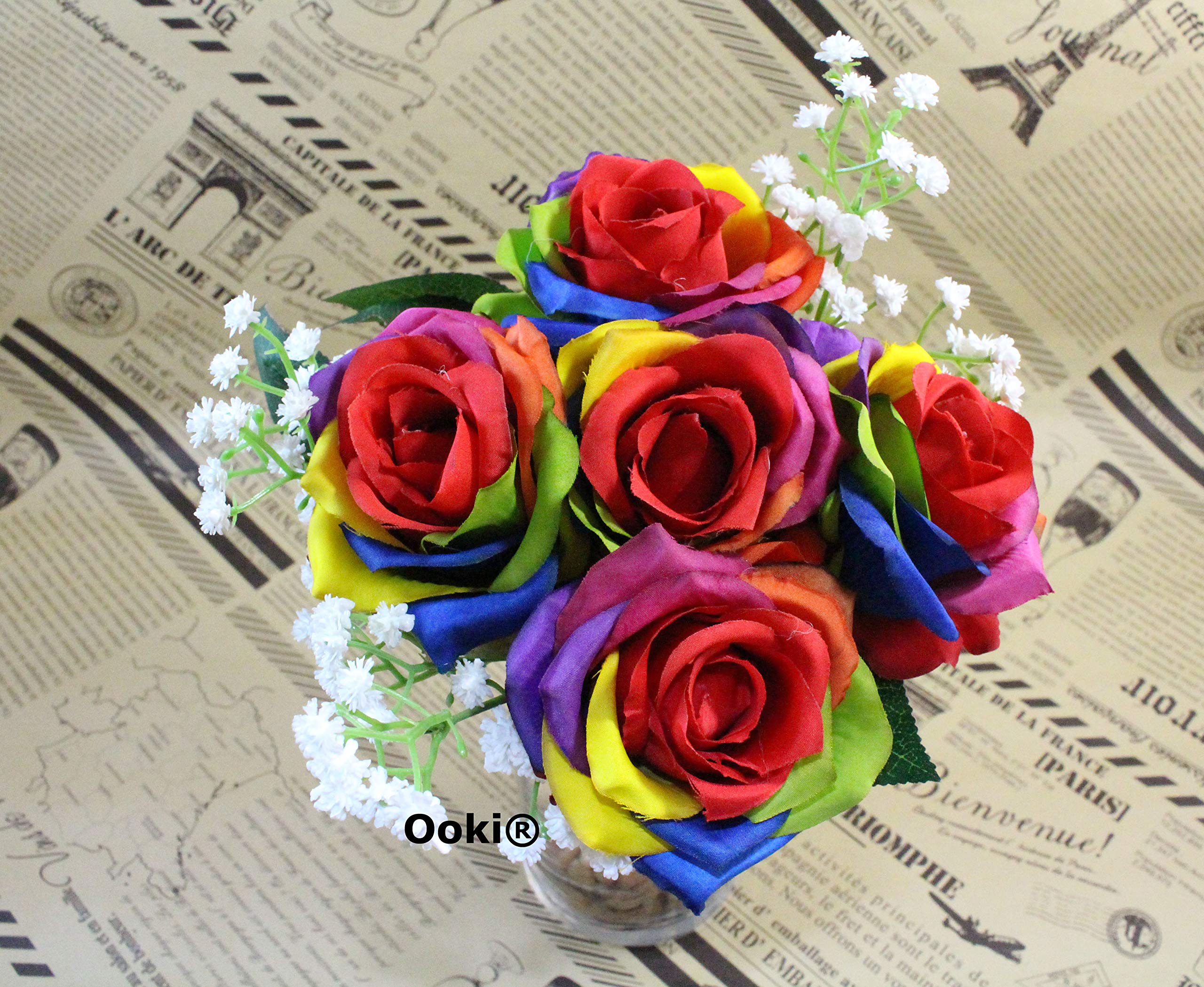 Ooki Custom Handmade Artificial Silk Rainbow Rose Toss Bouquet Bridesmaid Flower Bush Arrangement Home Decor Wedding Party Celebration Centerpiece Twine