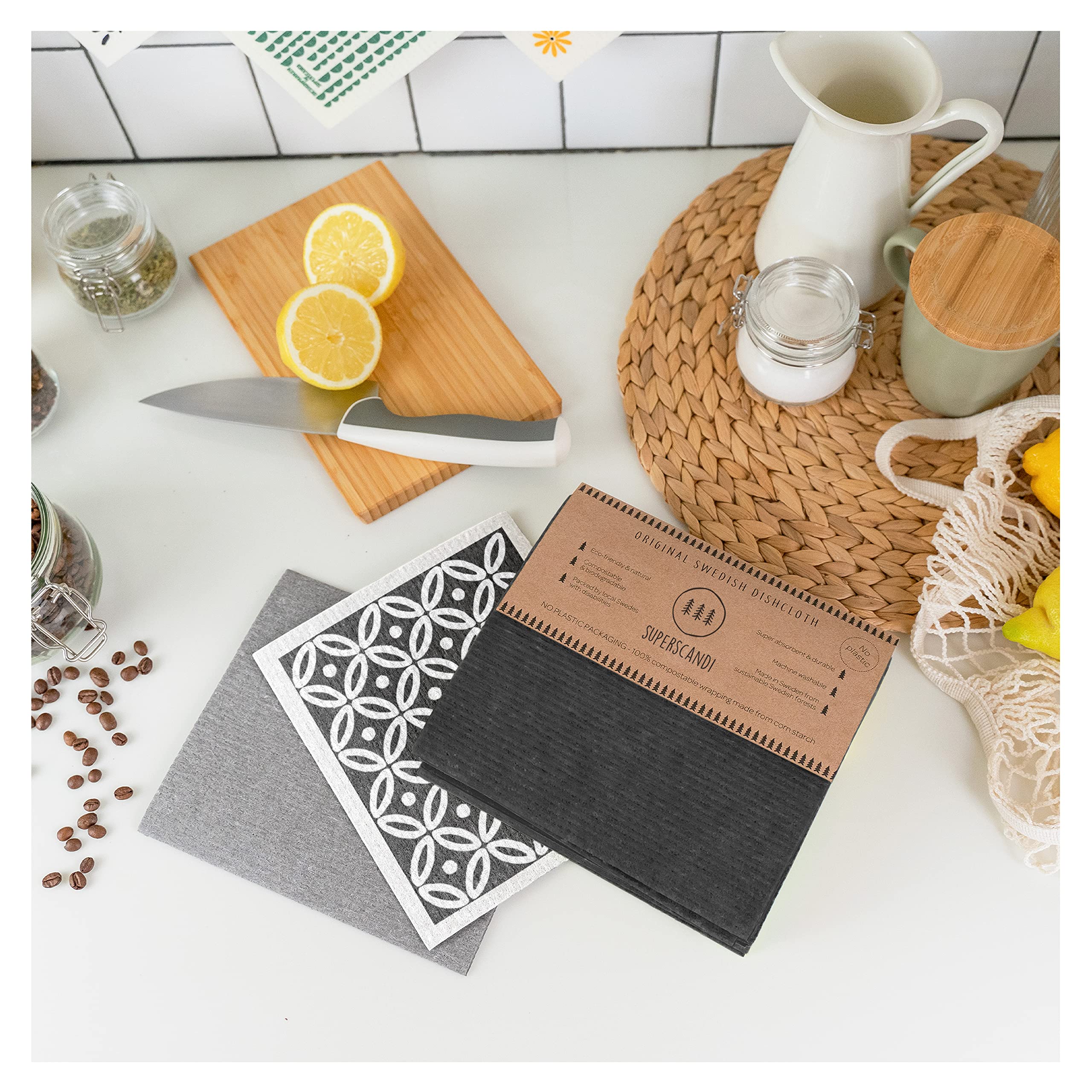 SUPERSCANDI 10 Pack Swedish Dishcloths for Kitchen - 100% Biodegradable & Compostable Reusable Paper Towels Washable, Food-Safe & Without Plastic - Dish Rags Suitable for Any Surface, Grey
