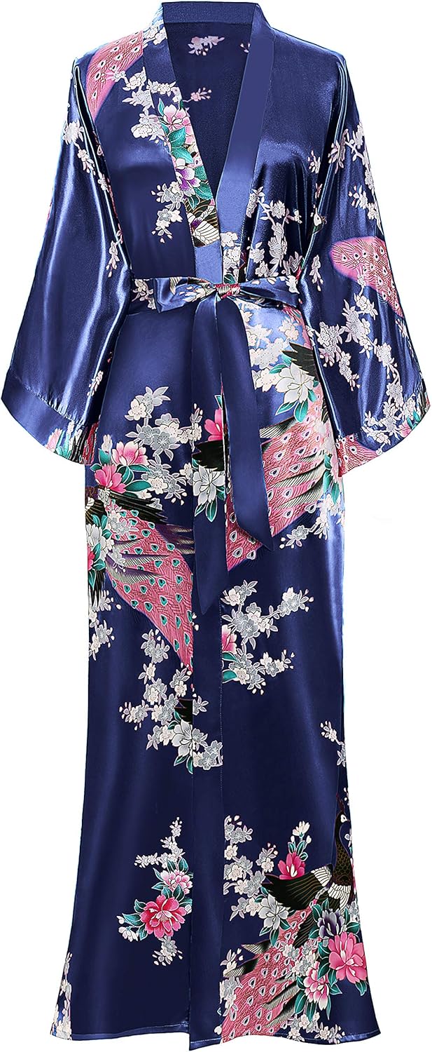 BABEYOND Kimono de Seda Vestido de Satén Kimono Pavo Real Novia Pijamas