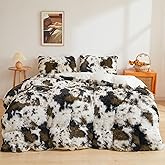 XeGe Cow Print Fluffy Faux Fur Duvet Cover Set, 3 Pieces Soft Plush Shaggy Fuzzy Bedding Set(1 Faux Fur Animal Print Comforter Cover + 2 Furry Pillow Cases), Zipper Closure(King, Cow Print Brown)