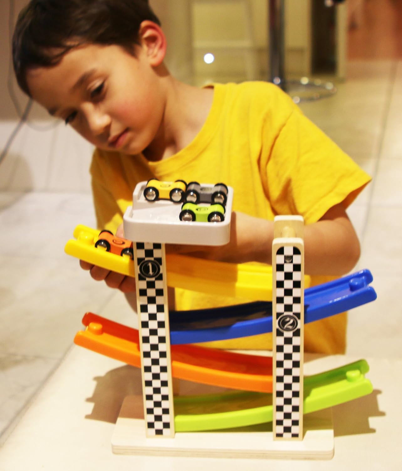TOWO Wooden Car Ramp Toy- Zig Zag Car Slide with 4 Wooden Cars & Roof ...