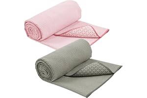 S&T INC. Yoga Mat Towel with Non-Slip Grip, Enhanced Silicone Grip, Soft and Absorbent for Gym, Pilates, and Hot Yoga Mat, 2 Pack, 24 inches x 72 inches, 340GSM, Pink and Grey