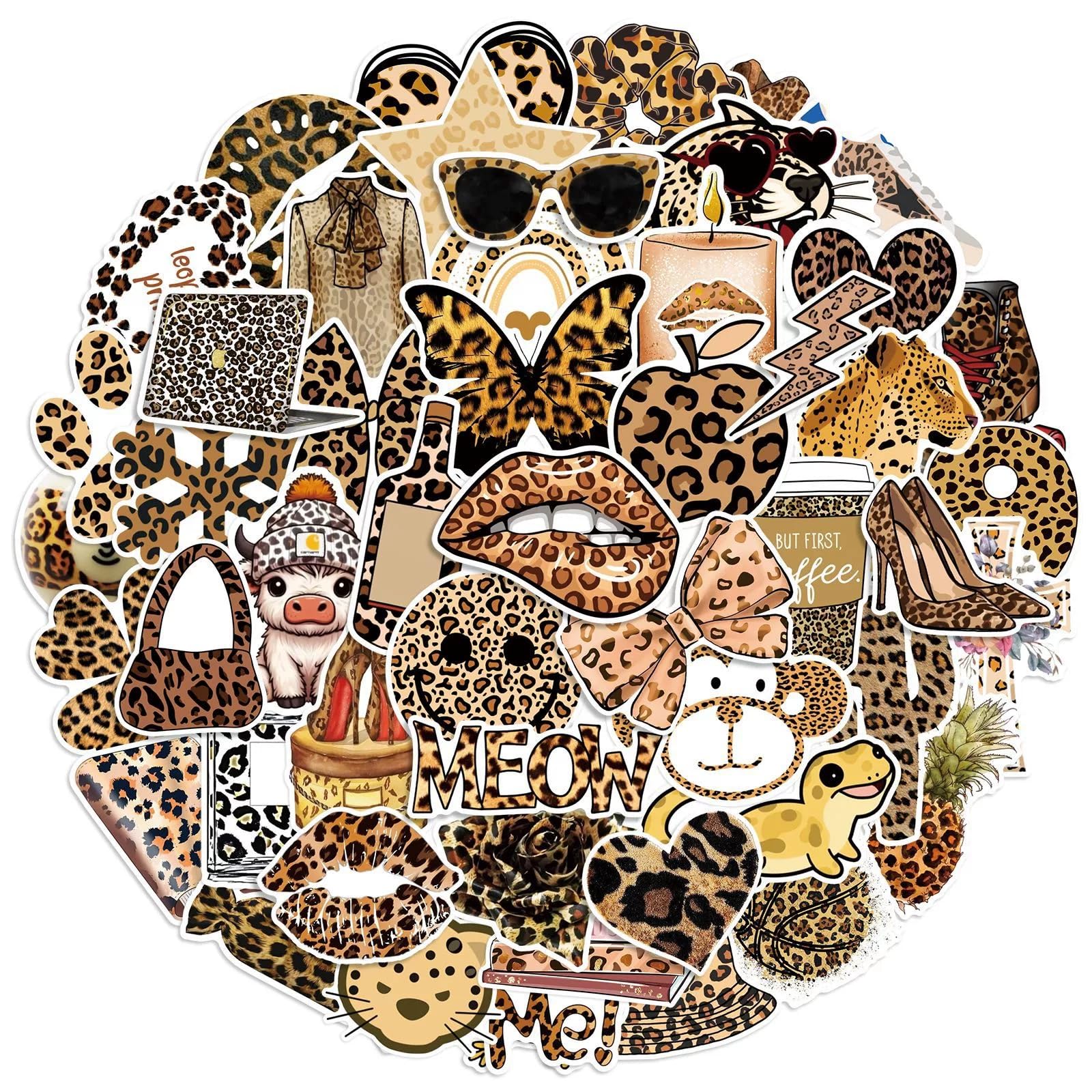 50 PCS Leopard Print Stickers,Cheetah Print Sticker Pack Vinyl Skateboard Guitar Door Laptop Luggage Car Bike Water Bottle Birthday Party Supplies Teens Boys and Girls Decals
