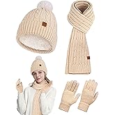 Horolam Winter Hat Scarf Gloves Set, Warm Knit Beanie Hat with Pom Pom Touch Screen Gloves for Women