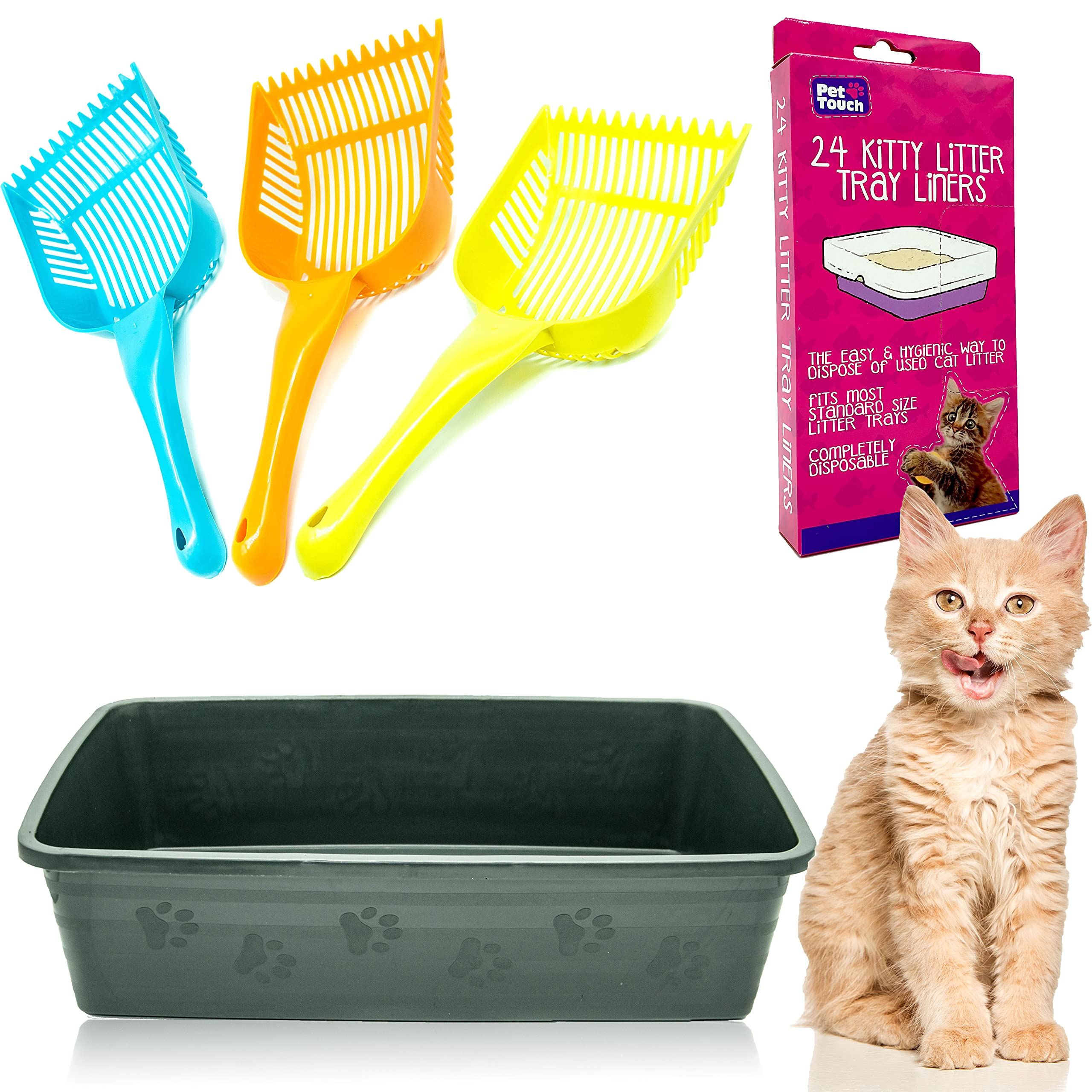 Kitty Cat Essentials [Set of 3] CAT LITTER TRAY with 24 Kitty Cat Litter TRAYS LINERS and CAT LITTER SCOOP Assorted Bundle for Cat Litter Disposal (Cod Grey)
