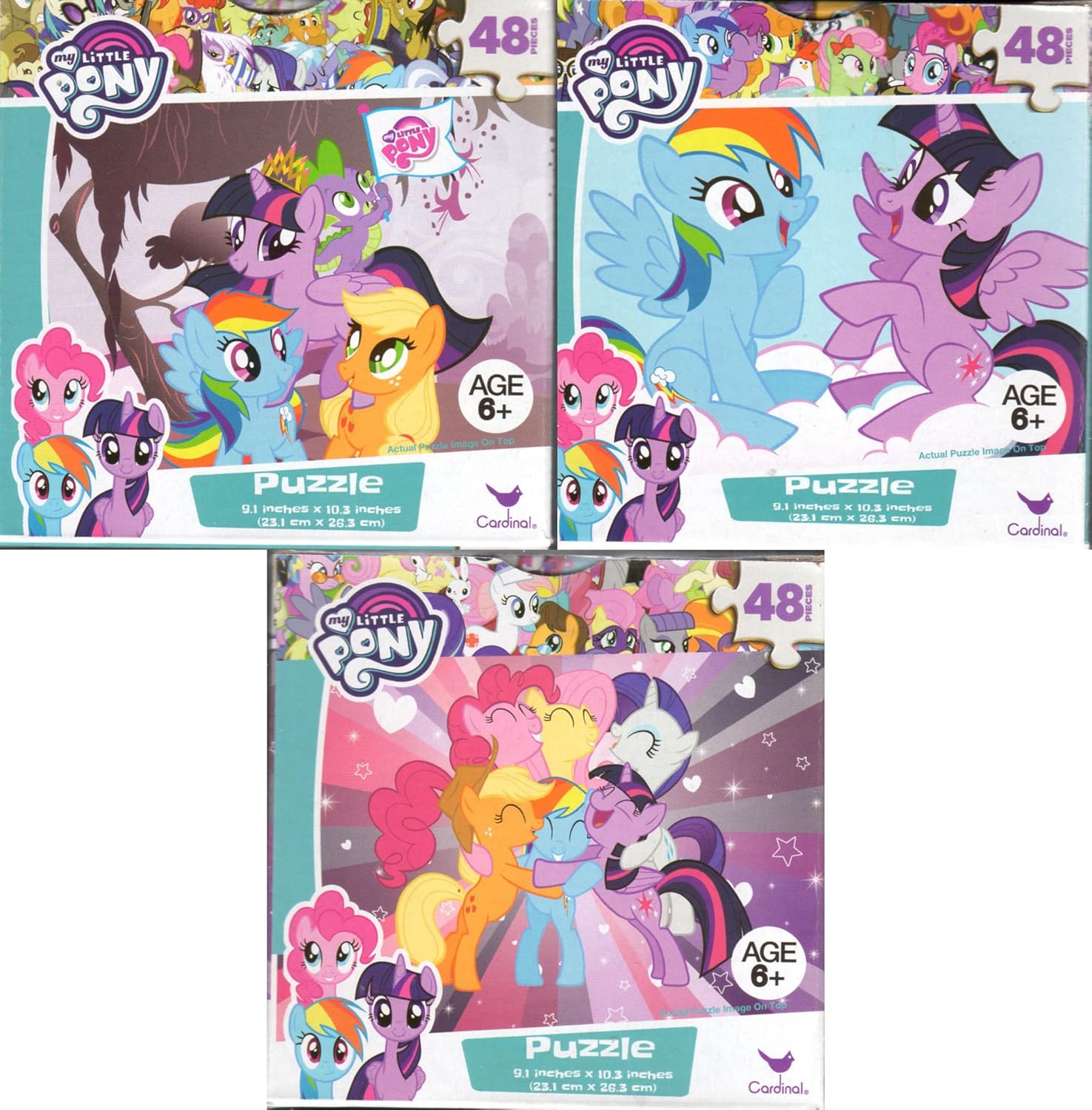 Amazon Com Cardinal My Little Pony Bundle Of 3 48 Pieces In A Really Cool Cube Shaped Box Great Starter Puzzles For Young Girls Ages 6 10 3 Inch X 9 1 Inch Puzzle Toys Games