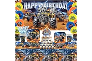 Obussgar Monster Truck Birthday Party Decorations - Monster Truck Party Supplies including Backdrop, Plate, Cake Topper, Cup,