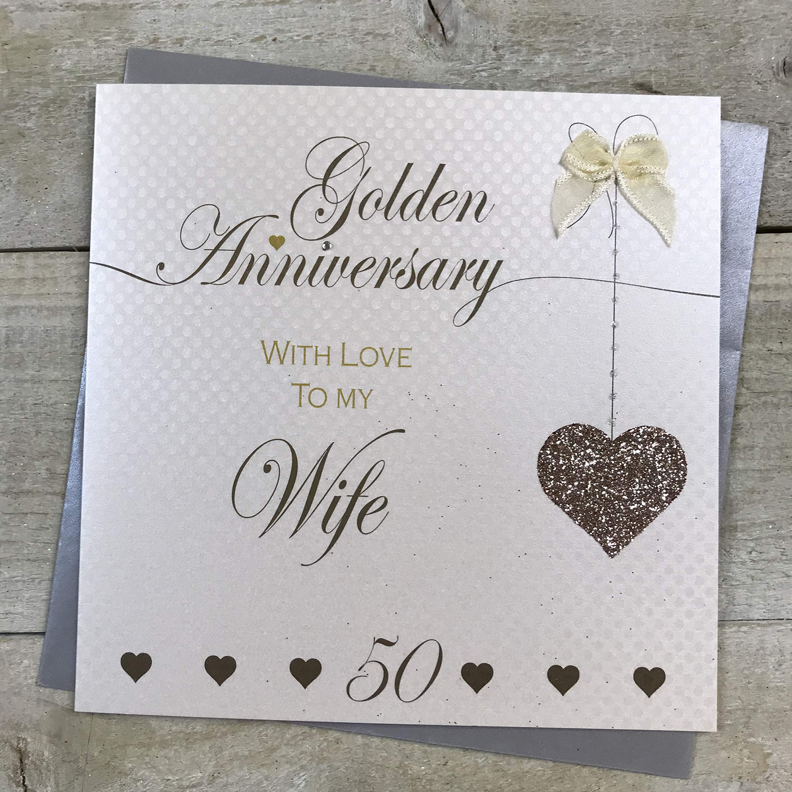 Wife 50th Golden Wedding Anniversary Handmade Card - Love Lines - by WHITE COTTON CARDS LLA50W,black|silver|yellow|green|grey
