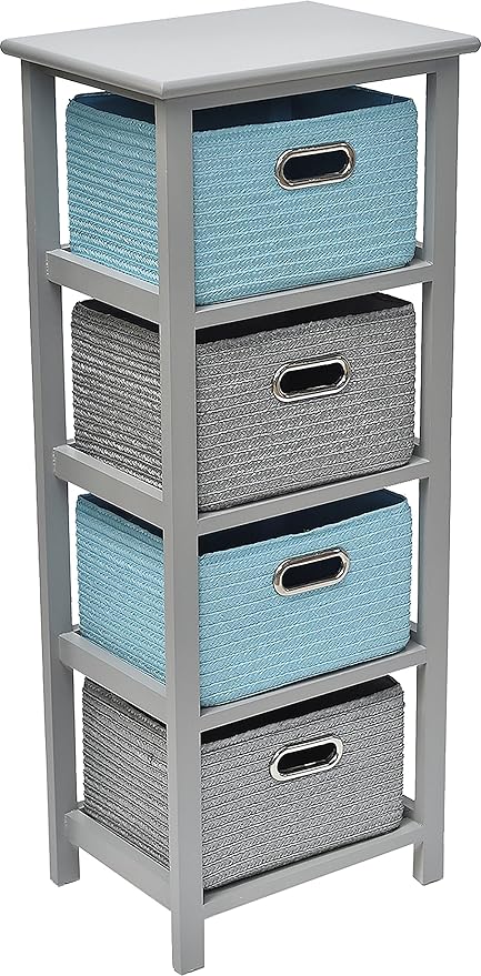Tendance Meuble Chiffonnier 4 Paniers Avec Poignées En Métal Coloris Gris Et Bleu Turquoise