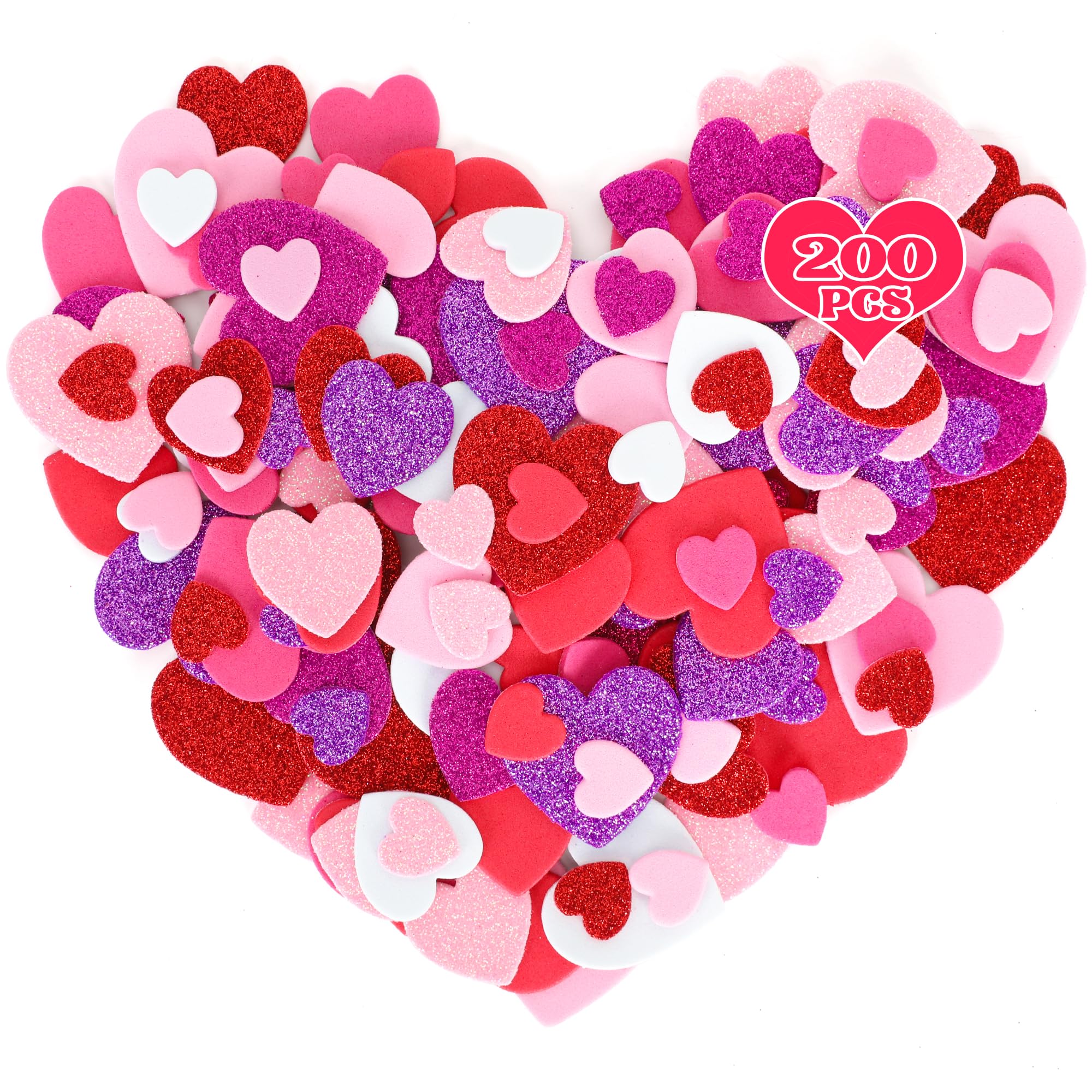 Photo 1 of 200 PCS Valentines Stickers, Self-Adhesive Foam Heart Stickers Valentines Decor, 3 Sizes Glitter Foam Hearts Valentine's Crafts, Valentine Stickers for Envelopes Invitations Card Making