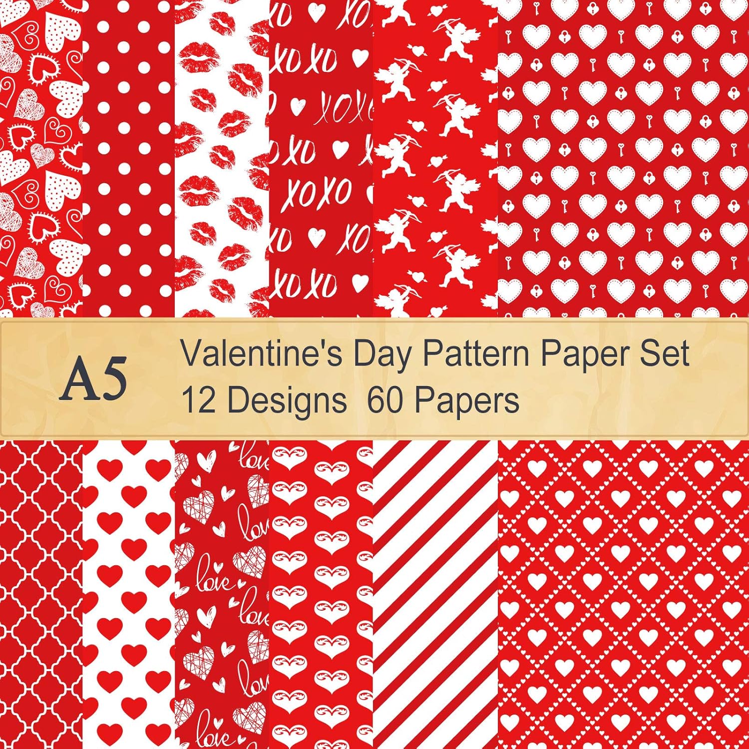 Whaline 60 Sheet Valentine Pattern Paper Set Double-Sided Decorative Paper 5.5 x 8.3 Red Heart Lip Stripe Pattern Premium Specialty Paper Origami Paper for Card Making Die Cuts Scrapbook Gift Decor