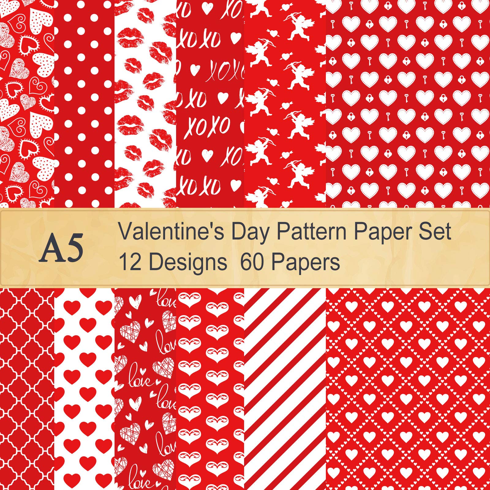 Whaline 60 Sheet Valentine Pattern Paper Set Double-Sided Decorative Paper 5.5 x 8.3 Red Heart Lip Stripe Pattern Premium Specialty Paper Origami Paper for Card Making Die Cuts Scrapbook Gift Decor