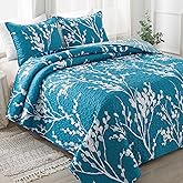 Andency Teal Blue Quilt Queen Size (96x90 Inch), 3 Pieces Floral Lightweight Bedspread, Microfiber Reversible Flower Quilted Coverlet with 2 Pillowcases for Men Women