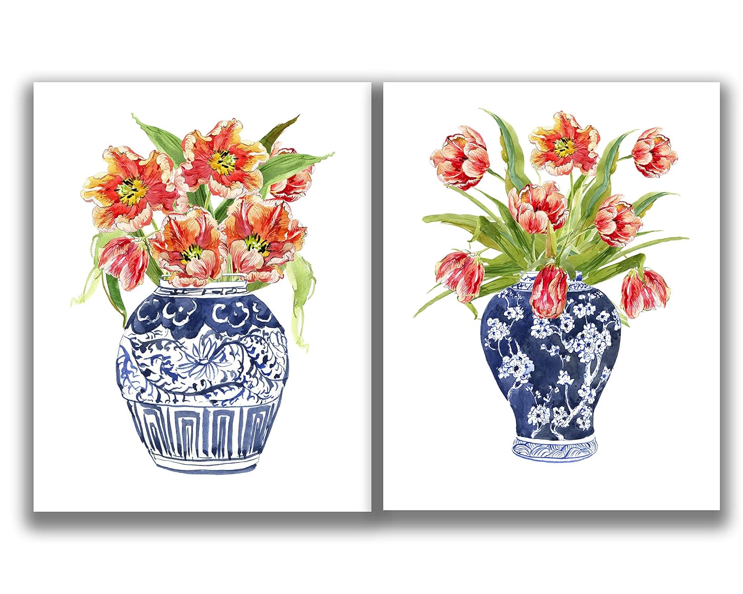 Red Florals in Blue&White Chinoiserie Porcelain Vase Wall