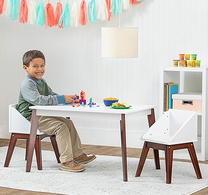 Amazon Com Wildkin Kids White Modern Table And Chair Set For Boys And Girls Mid Century Modern Activity Table Set Includes Two Matching Blue Chairs Features Stain Resistant Top And Solid Natural Wood Legs Toys