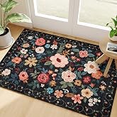 DUKINO 2x3 Door Mat Indoor Entrance, Floral Washable Rug Non Slip, Black | Low Pile, Non-Shedding Small Rug for Kitchen, Entryway, Bedroom, Bathroom, Pet Friendly, Stain Resistant, Modern Home Decor