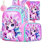 FTJCF Unicorn Backpack for Girls, 16" Kids Bookbag with Lunch Box,3Pcs School Backpacks for Elementary Preschool Kindergarten (Pink)