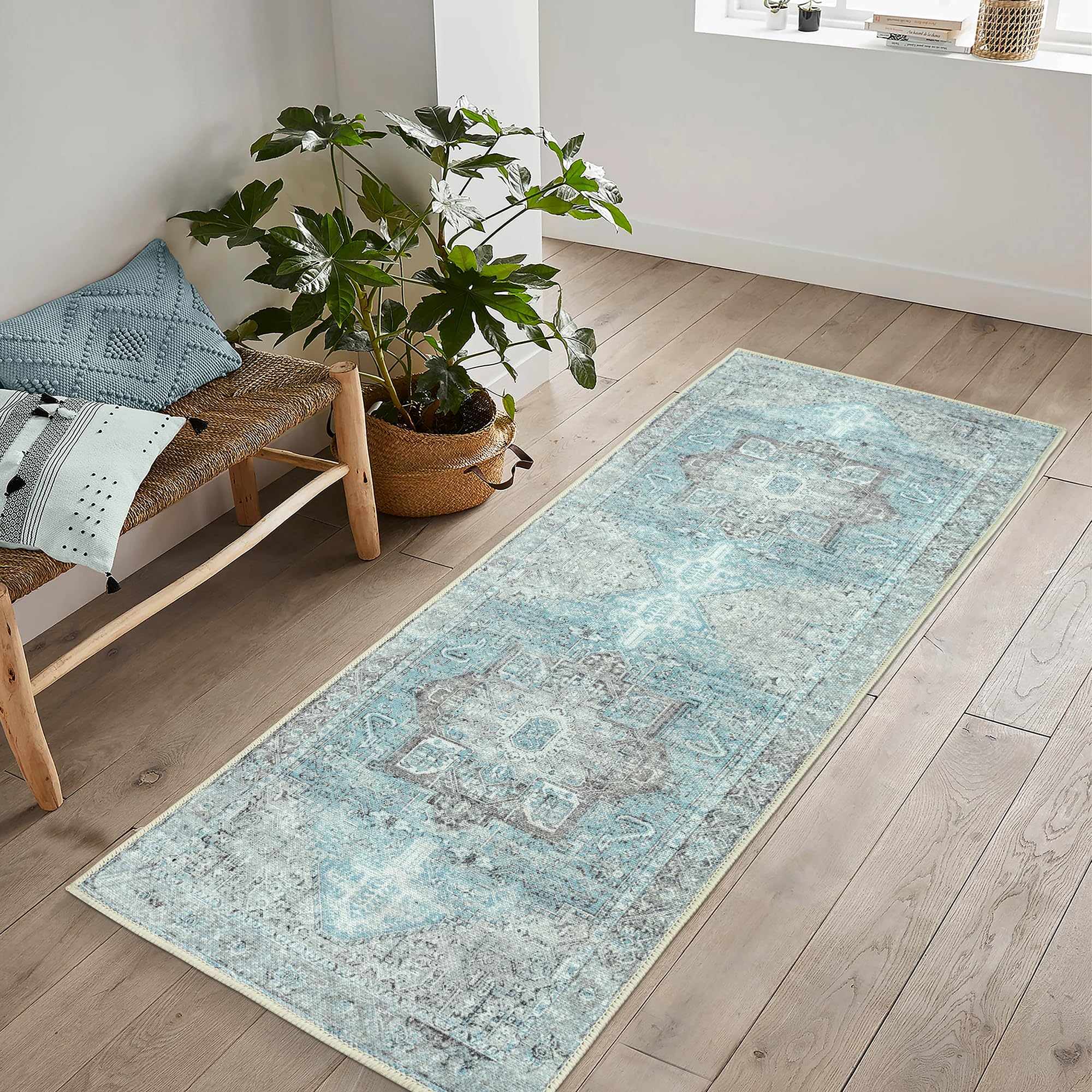 artyrugs Machine Washable Rug, 60x180cm, 75% Recycled Cotton, Short Pile, Non-Slip Backing, Non-Shedding, Suitable for Bedroom, Kitchen, Hallway, Office, Runner, Daylight Blue & Silver