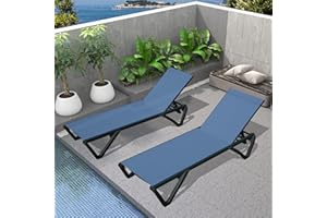 SHPAI Outdoor Chaise Lounge 2 Pieces Aluminum Patio Lounge Chair with 5 Adjustable Position Recliner Chair Outside Tanning Chairs for Patio, Beach, Yard, Pool (Navy Blue)